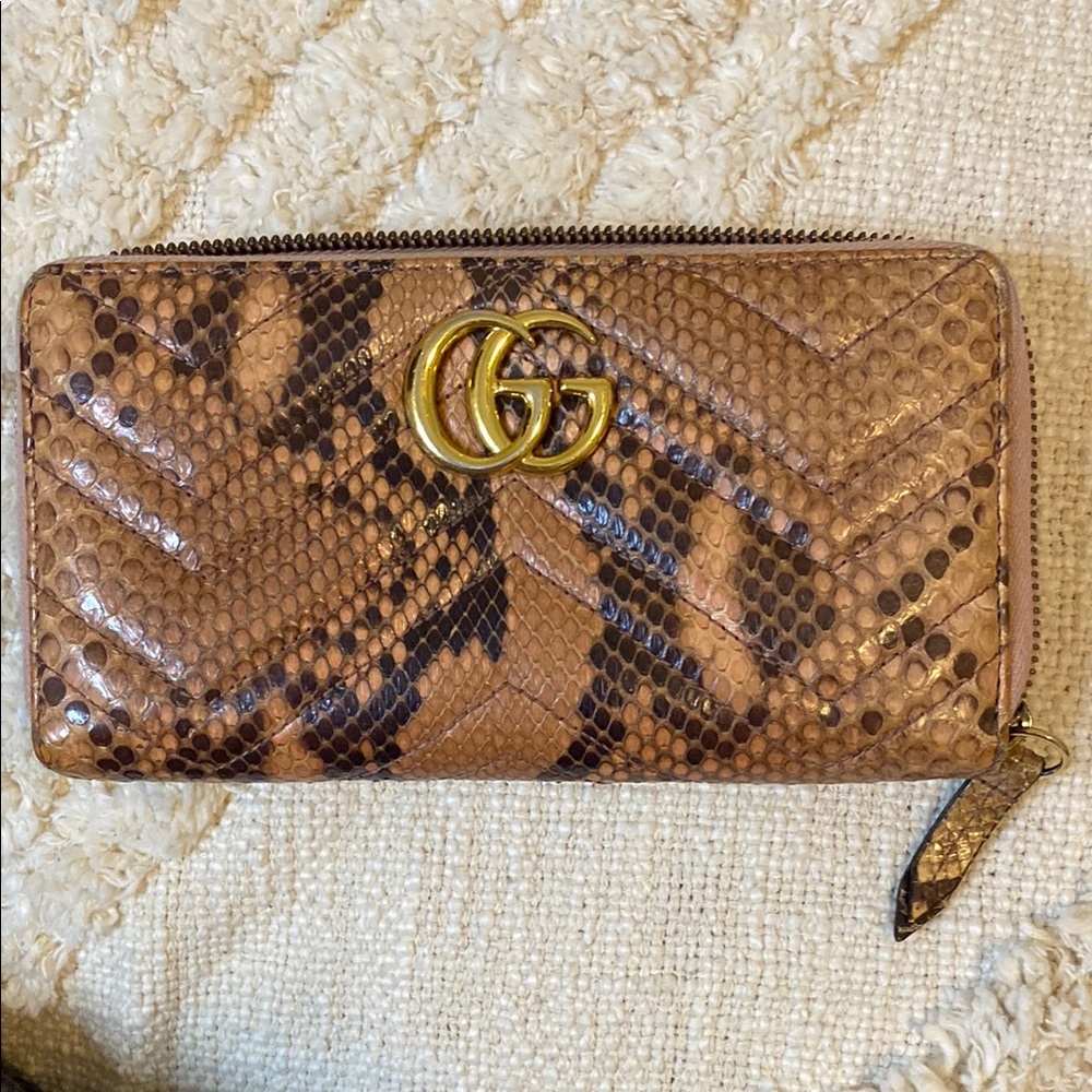 Gucci Marmont GG Pink & Brown Exotic Leather Long Zipper Wallet